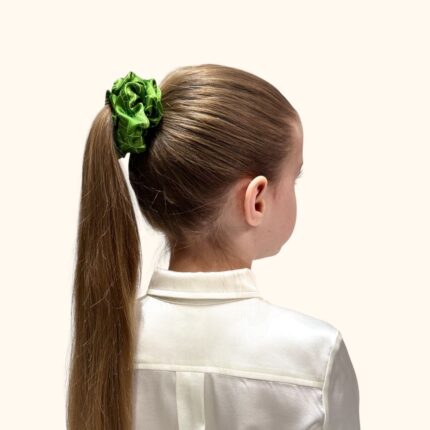 Šilkinė žalia gumelė plaukuose